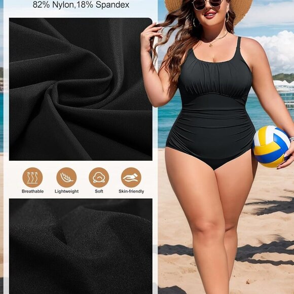Plus Size Bathing Suit for Women Tummy Control Swimsuit One Piece Vintage Black - Picture 3 of 8